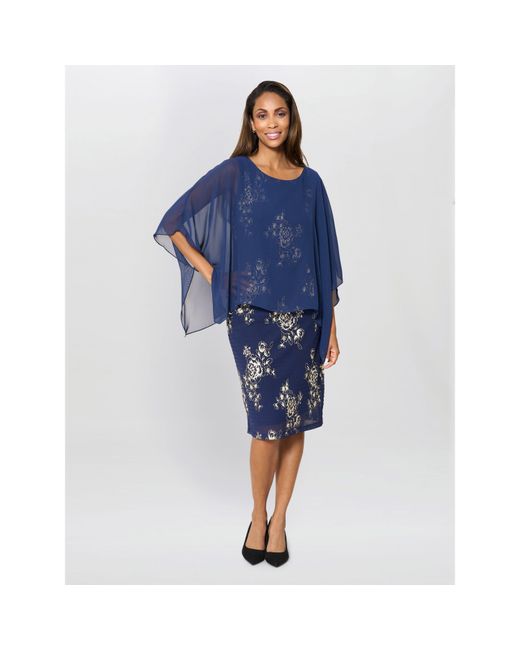 Gina Bacconi Blue Anne Foil Dress With Chiffon Cape