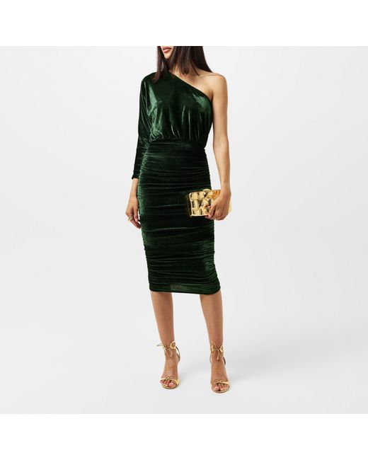 AX Paris Green Velvet One Sleeve Ruched Midi Dress