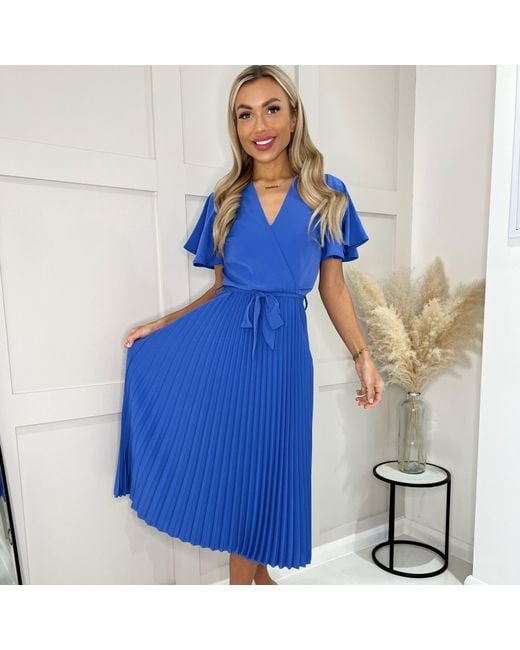 AX Paris Blue Pleated Midi Dress With Tie Waist