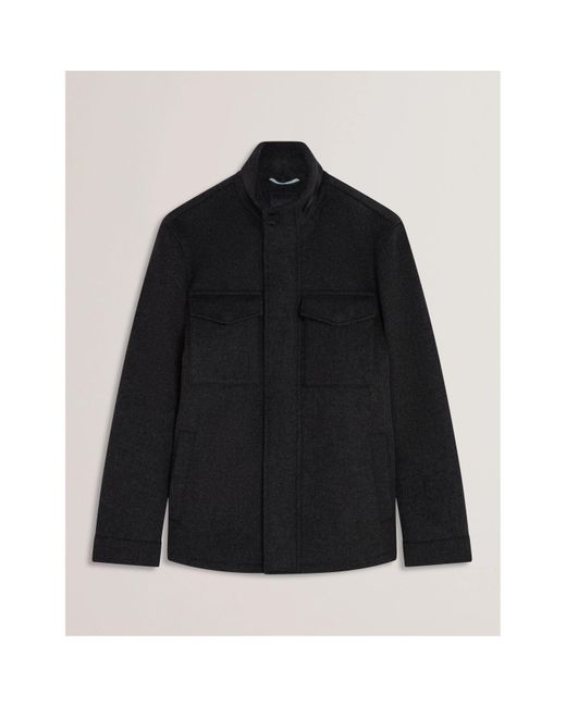 Ted Baker Black Funnel Neck Overcoat for men