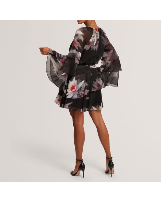 Ted Baker Black Lily Print Frilled Long Sleeve Mini Dress