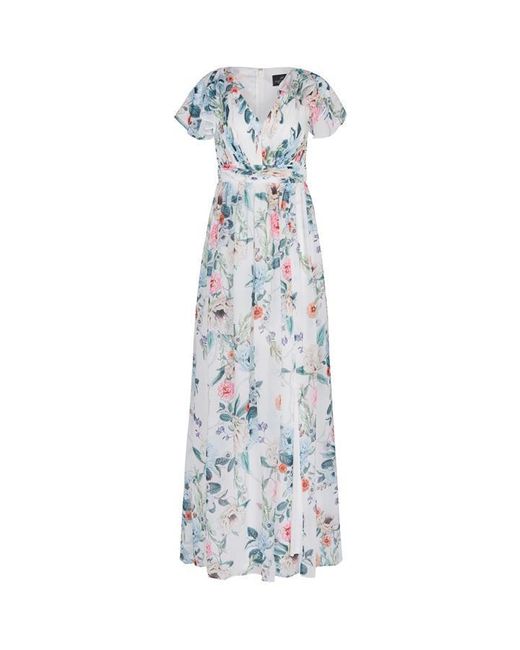 Adrianna Papell Blue Printed Chiffon Gown