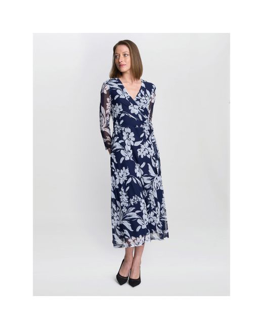 Gina Bacconi Blue Jan Floral Chiffon Wrap Midi Dress