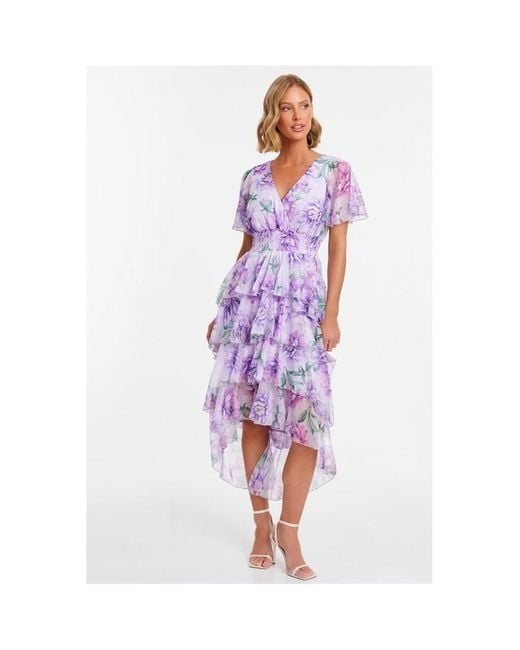 Quiz Purple Floral Chiffon Tiered Dip Hem Dress