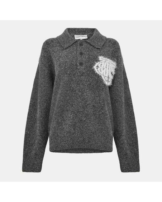 The Couture Club Gray Fluffy Knitted Long Sleeve Polo Shirt