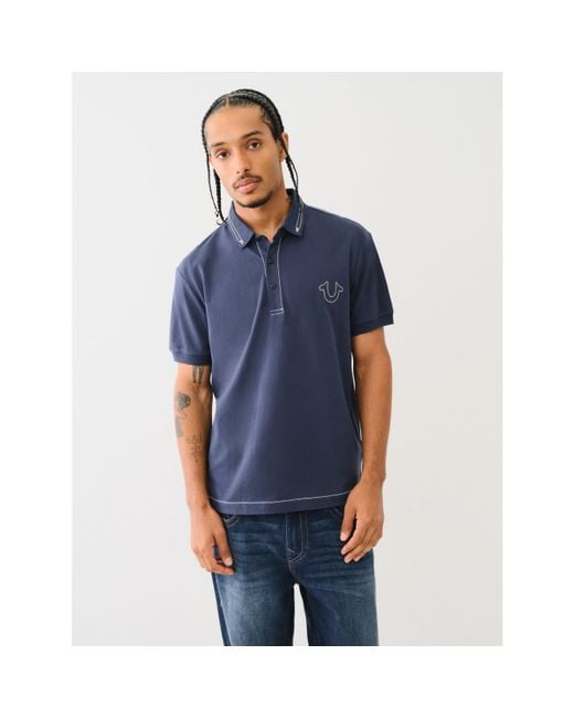 True Religion Blue Big T Embroidered Polo Shirt for men