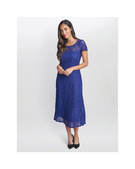 Gina Bacconi Blue Demi Cap Sleeve Midi Sequin Lace Dress