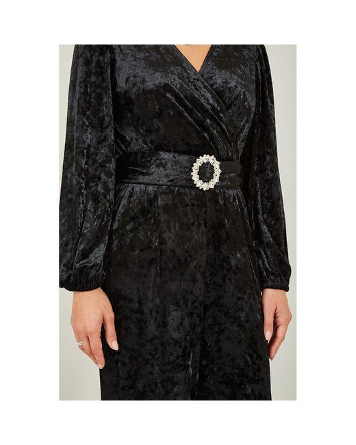 Yumi' Black Velvet Jumpsuit With Diamanté Belt