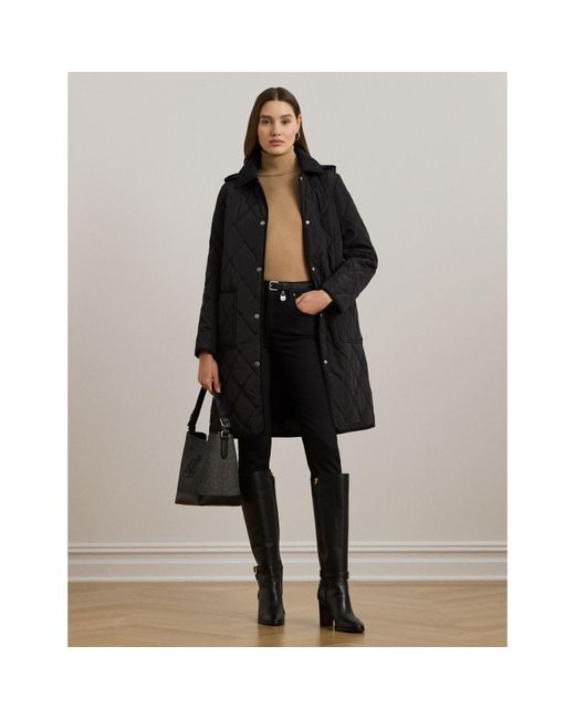 Ralph Lauren Black Corduroy Trim Quilted Detachable Hood Long Sleeve Short Puffer Jacket