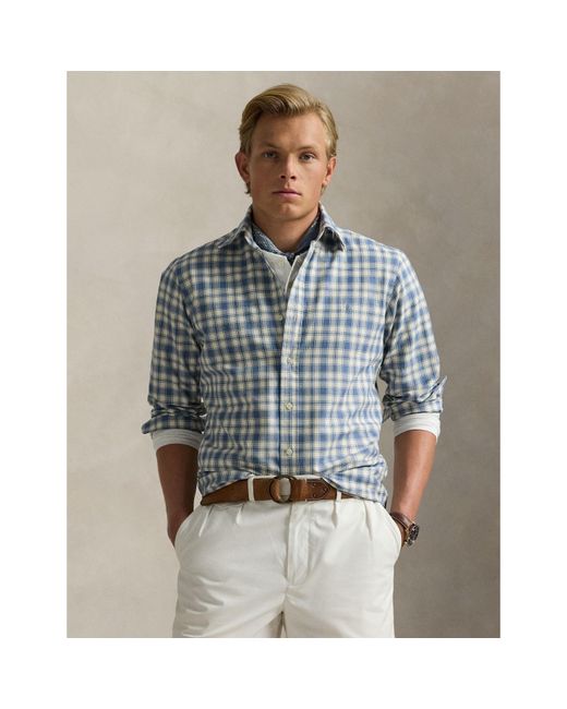 Polo Ralph Lauren Blue Custom Fit Plaid Oxford Shirt for men