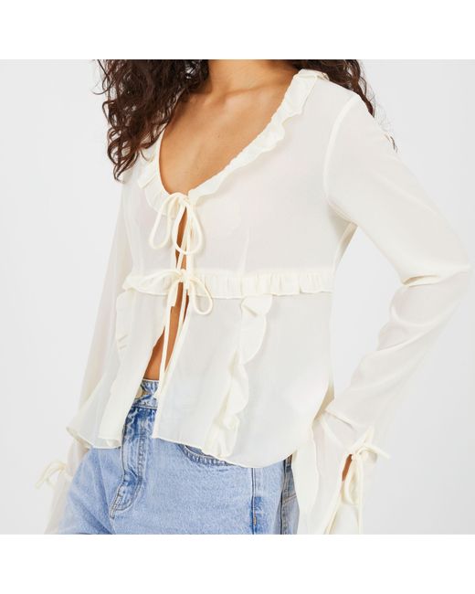 Brave Soul White Bs Long Sleeve Frill Top With Front Tie Detail