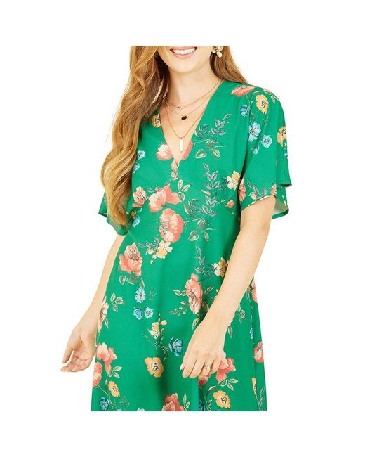 Yumi' Green Floral Kimono Midi Wrap Dress