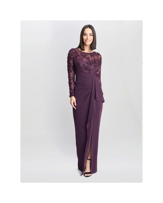 Gina Bacconi Purple Keeley Lace Bodice & Sleeve Maxi Dress