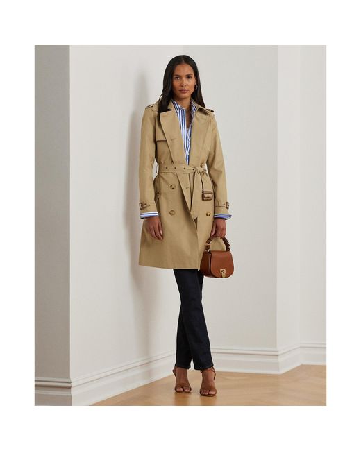 Ralph Lauren Natural Double Breasted Belted Cotton Knee Length Long Sleeve Trench Coat