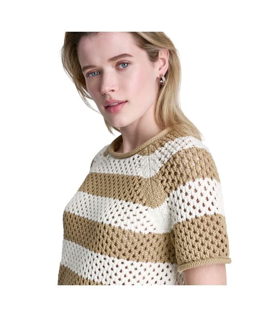 DKNY Blue Short Sleeve Raglan Stripe Pointelle Sweater