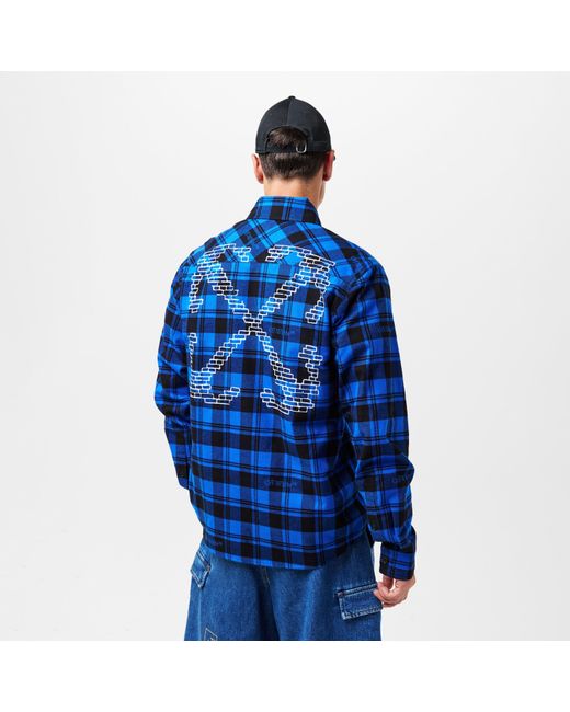 Off-White c/o Virgil Abloh Blue Arrow Plaid Cotton Long Sleeve Embroidered Shirt for men