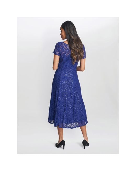 Gina Bacconi Blue Demi Cap Sleeve Midi Sequin Lace Dress