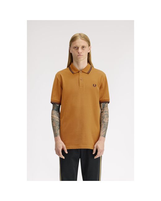 Fred Perry Brown Short Sleeve Twin Tipped Polo Shirt for men
