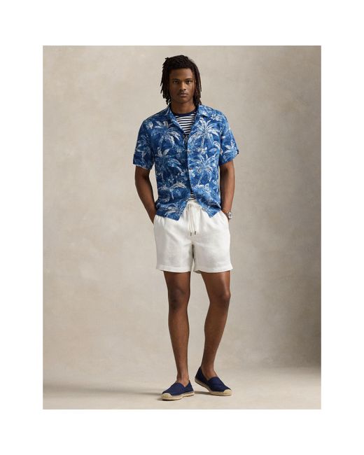 Polo Ralph Lauren Blue Linen Palm Pattern Short Sleeve Shirt for men