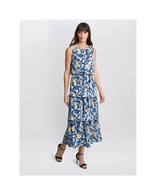 Gina Bacconi Blue Zara Floral Print Plisse Tier Dress