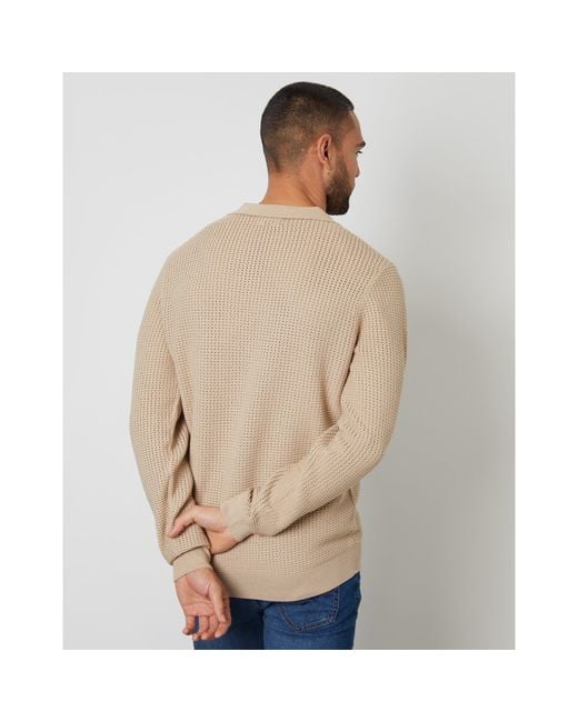 Threadbare Natural Brockholes Long Sleeve Knitted Polo Shirt for men