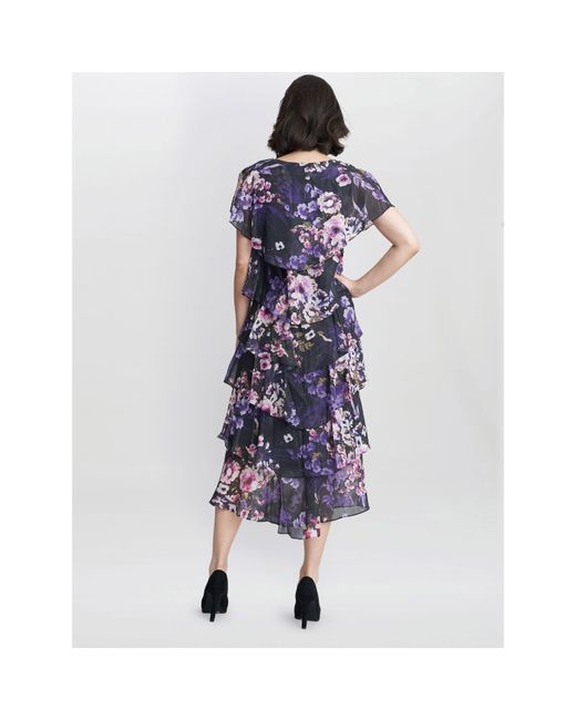 Gina Bacconi Blue Leticia Floral Print Midi Tiered Dress