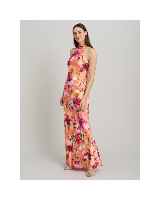 Gina Bacconi White Margo Satin Floral Print Tie Neck Dress