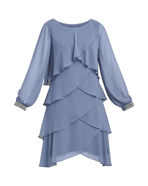 Gina Bacconi Blue Sakura Long Sleeved Tiered Dress
