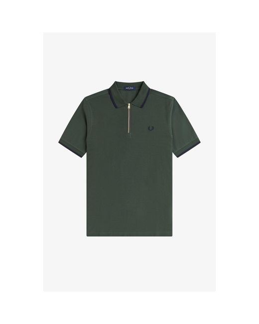 Fred Perry Green Crepe Zipped Short-Sleeve Polo Shirt for men