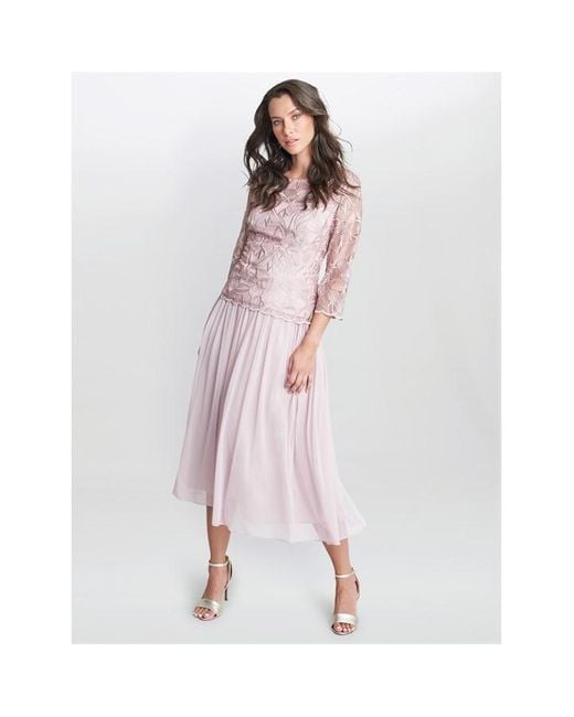 Gina Bacconi Pink Philippa Midi Length Floral Lace Dress