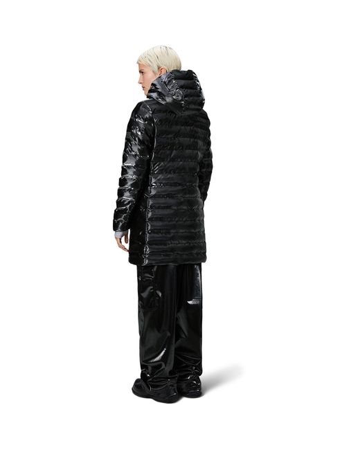 Rains Black Lohja Curve Hooded Funnel Neck Long Sleeve Long Puffer Jacket
