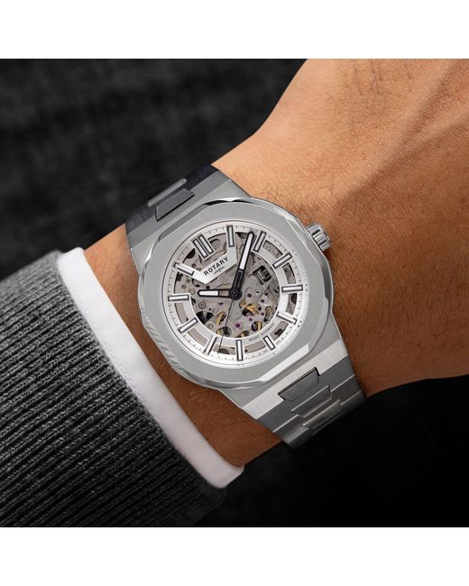Rotary Metallic Regent Skeleton Automatic Ss Watch for men