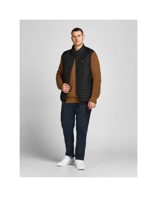 Jack & Jones Black Quilted Full Zip Sleeveless Plus Size Gilet for men