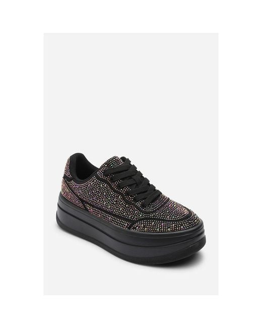 Where's That From Black Wedge Lace Up Trainer With Diamante Detail