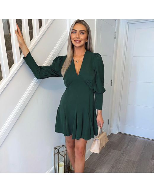 AX Paris Green V-Neck Long Sleeve Skater Dress