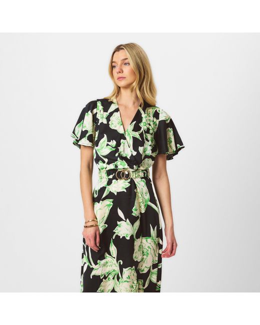AX Paris Green Floral Printed Short Sleeve Belted Wrap Midi Dress