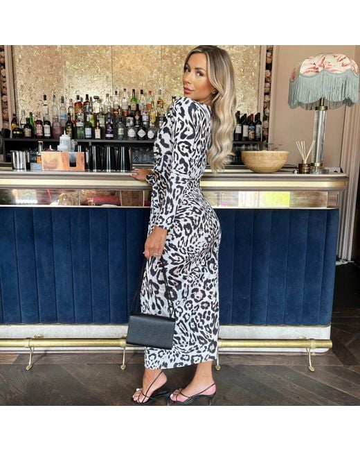 AX Paris Blue Leopard Print Long Sleeve V Neck Knot Drape Midi Dress