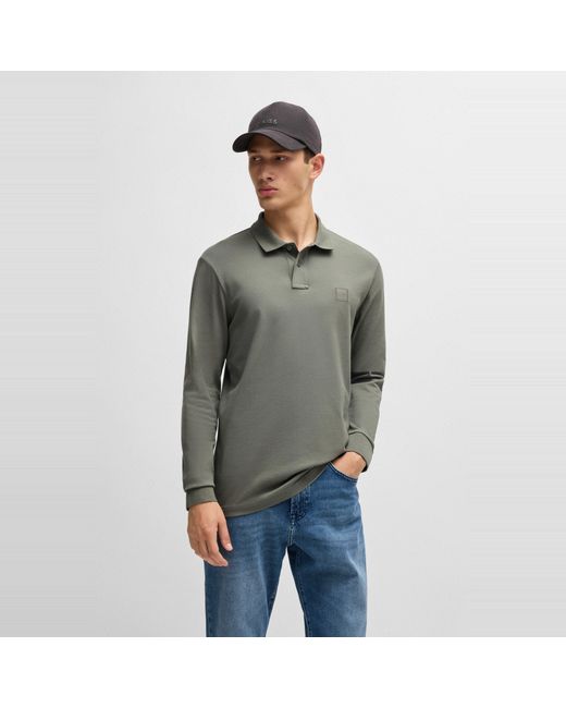 Boss Gray Passerby Premium Cotton Long Sleeve Polo Shirt With Logo Detail for men