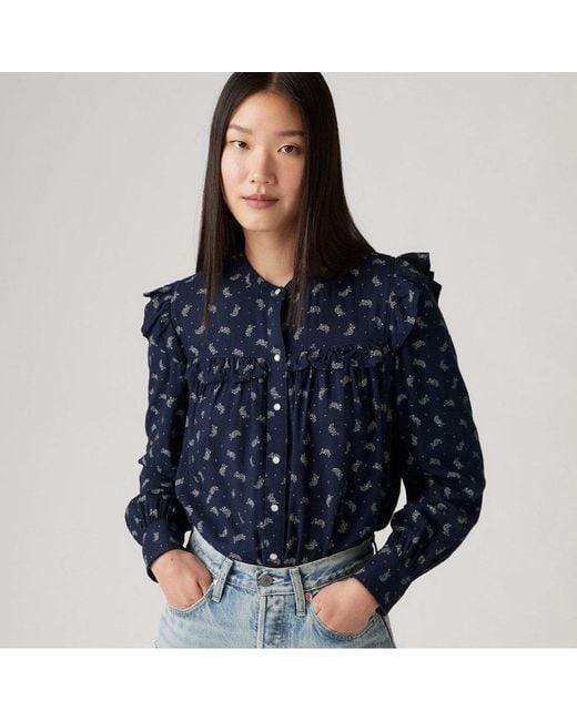 Levi's Blue Levi's Gianna Mock Neck Ruffle Sleeve Peasant Blouse