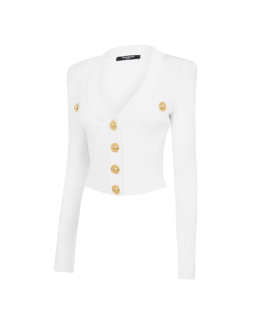 Balmain White Crop Button Cardigan