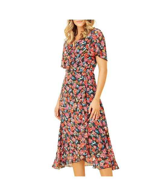 Yumi' Red Floral Midi Wrap Dress