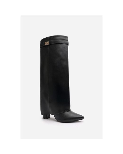 Where's That From Black Where's Fold Over Shark Block Heel Point Toe Boots