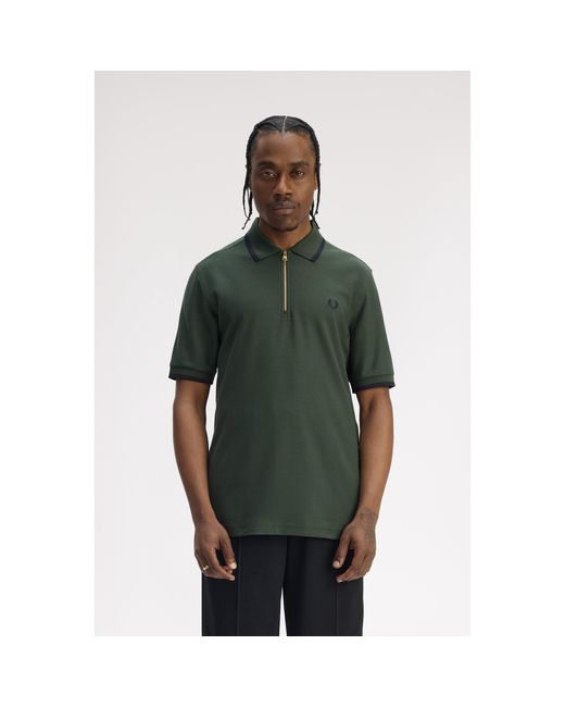 Fred Perry Green Crepe Zipped Short-Sleeve Polo Shirt for men