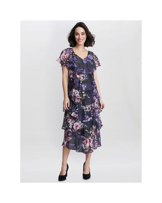 Gina Bacconi Blue Leticia Floral Print Midi Tiered Dress