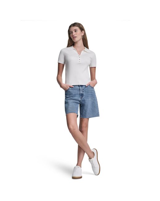 DKNY White Jeans Short Sleeve Rib Polo W/ Logo Rhinestone Buttons