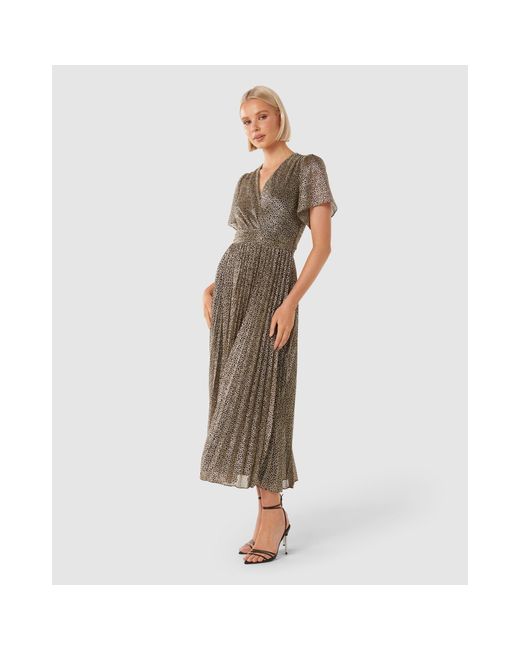 Forever New Brown Devyn Flutter Sleeve Plisse Midi Dress