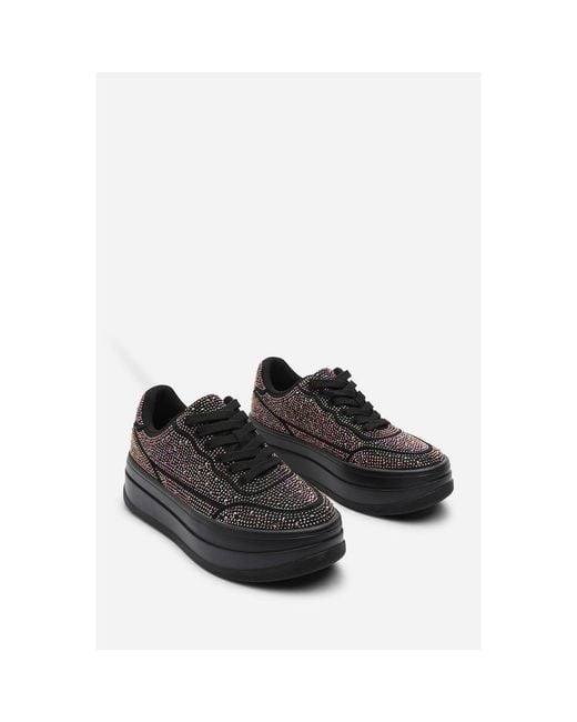 Where's That From Black Wedge Lace Up Trainer With Diamante Detail
