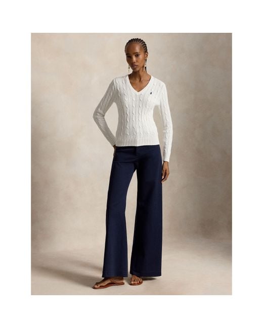 Ralph Lauren White Cable-knit Cotton V-neck Jumper