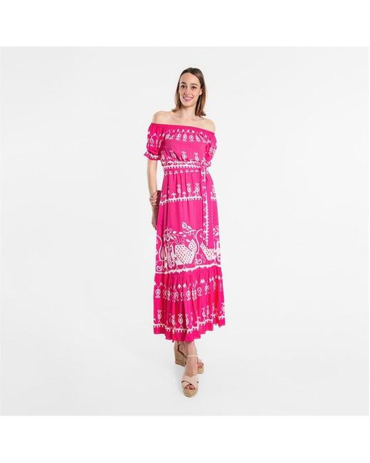 Be You Pink Printed Batik Bardot Maxi Dress