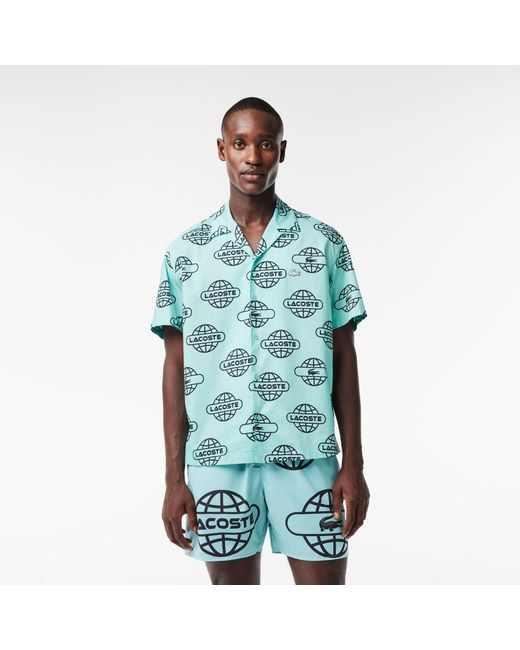 Lacoste Green Globe Print Cotton Short Sleeve Relaxed Fit Shirt for men